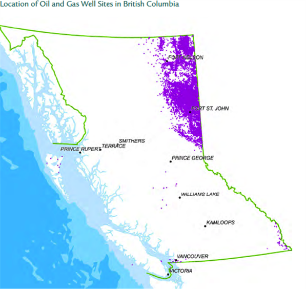 Exemple de carte montrant l’emplacement des puits de pétrole et de gaz en Colombie-Britannique